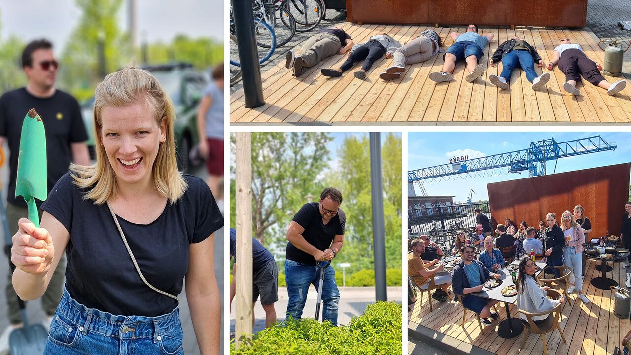 Die Mitarbeiter der Castenow GmbH arbeiten gemeinsam an einer Outdoor-Terrasse.